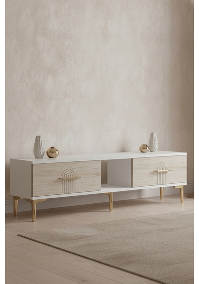 Tsa1515btg İda Tv Sehpası Beyaz-traverten-gold 150cm Beyaz - Traverten - Altın
