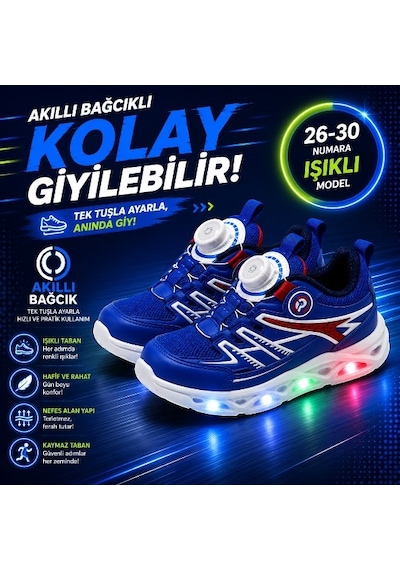 Promax Akıllı Bağcıklı Işıklı Çocuk Spor Ayakkabı Sax 26-30 Kolay Giyilebilir Mavi