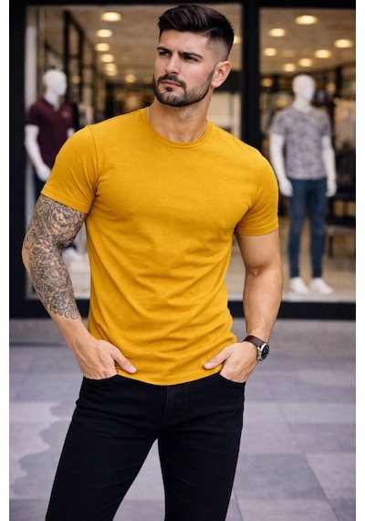 Novalisse Erkek Body Tişört Bisiklet Yaka Slim Fit Likralı T-shirt - Limon Çoklu Renk