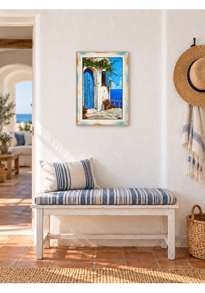 Ahşap Eskitme Yağlı Boya Desenli Sahil Evi Deniz Manzaralı Dekoratif Ahşap Tablo 37x52 Cm