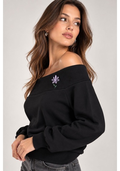 Sortie Collection Madonna Yaka Çiçek Nakışlı 3 İplik Sweatshirt Siyah