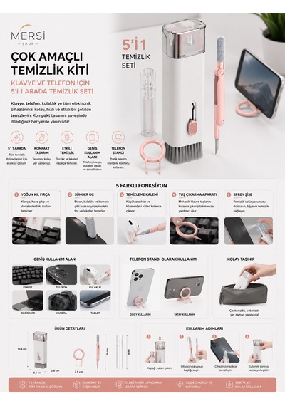 Çok Amaçlı Klavye Ve Telefon Temizleme Kiti Telefon Standlı 5'i 1 Arada Temizlik Seti