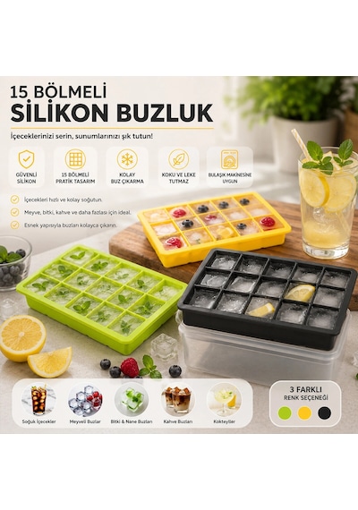 Renkli Pratik Buz Kalıbı - 15 Bölmeli - Silikon Yeşil