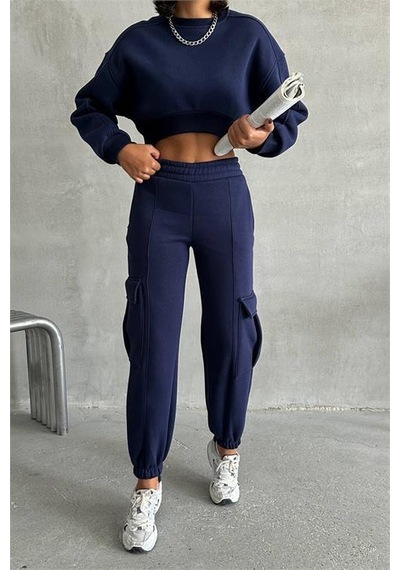 Dip Moda Kadın Bisiklet Yaka Crop Eşofman Takımı Dpnbg041 Lacivert