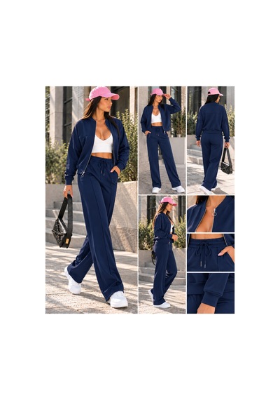 Gugus Kadın Fermuarlı Kolej Yaka Aysho Model Bol Paça Wide Leg Eşofman Takımı Lacivert