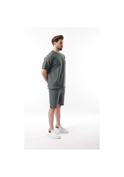 Madmext Haki Nakış Detaylı Erkek Şort T-shirt Takım E7305 Haki