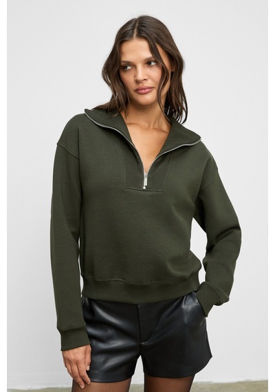 Grimelange Endora Kadın Yumuşak Polarlı Kumaşlı Yakası Fermuarlı Regular Haki Sweatshirt Haki