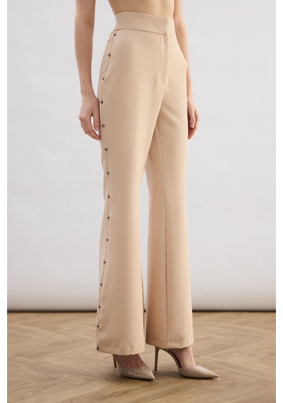 Sateen Yanları İnci Aksesuarlı Pantolon - Bej-136824 Bej