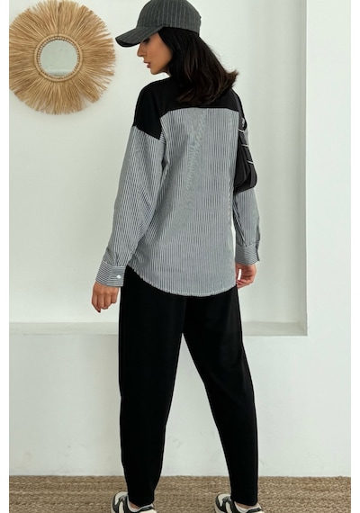 Ded Collectıon Kadın Mavi Beyaz Çizgili Modern Tasarım Uzun Kollu Gömlek Detaylı Sweatshirt Modal Takım Siyah