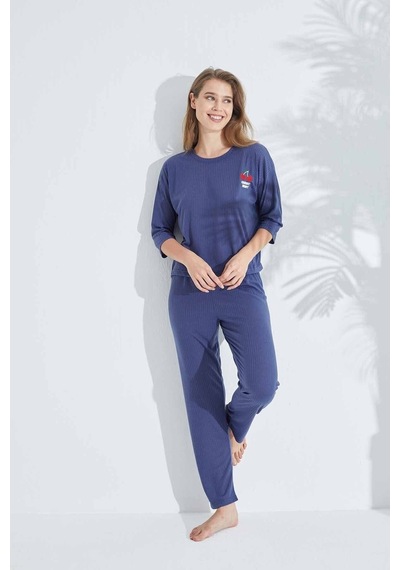 Siyah İnci Soft Touch Ince Örme Nakışlı Pijama Takım Lacivert