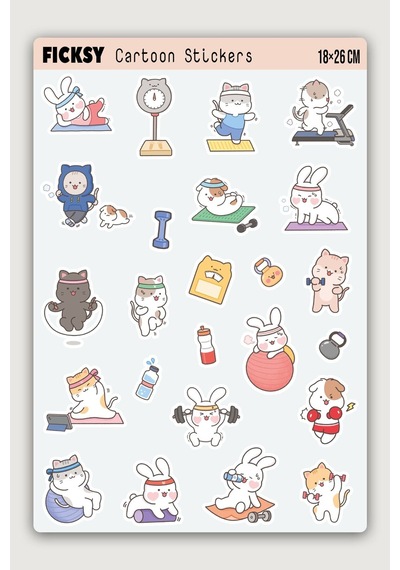 Kawaii Stili Sevimli Hayvanlar Fitness Temalı Sticker Seti - 27 Adet Etiket Çıkartma Diğer