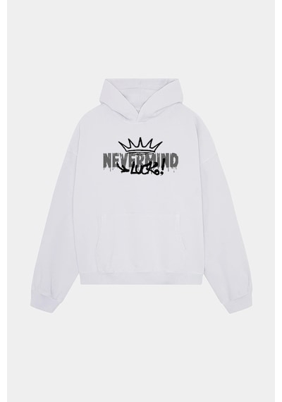 Unisex Beyaz Kapüşonlu Sweatshirt - Luck Baskılı Oversize Hoodie Beyaz
