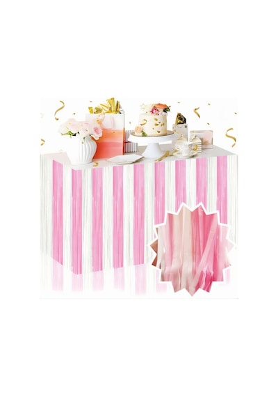 Dekoratif Püsküllü Masa Eteği Pembe Geçişli 240x75 Cm Parti Süsü Tüm Yaşlar