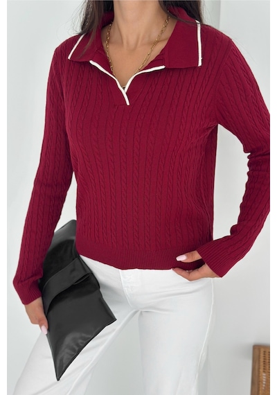 Femelle Kadın Bordo Polo Yaka Standart Beden Triko Bluz