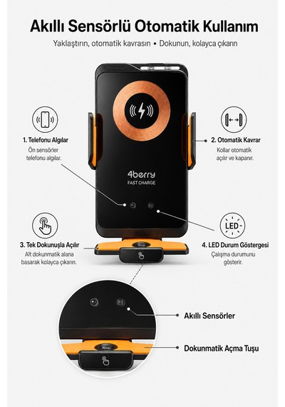 66w Manyetik Hızlı Şarjlı Kablosuz Araç Telefon Tutucu Otomatik Sensörlü, Vantuz Ve Klima Klipsli Siyah