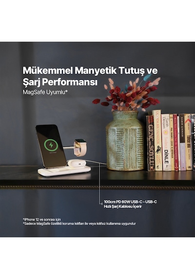 Ttec 2KS37B Aircharger Trio Pro Qi2/Magsafe Özellikli 15W Apple Uyumlu iPhone/Android Özellikli 3’Ü 1 Arada Şarj Standı