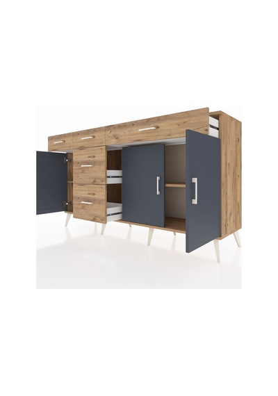 Kronos Konsol 2 Raflı 5 Çekmeceli 3 Kapaklı 176x59x99 Çam-antrasit/çam Antrasıt/atlas Çam - Atlas Çam