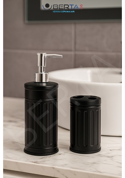 Vintage Dörtlü Siyah Banyo Seti Çöp Kovası Tuvalet Fırçası Diş Fırçalık Sıvı Sabunluk Metal Siyah