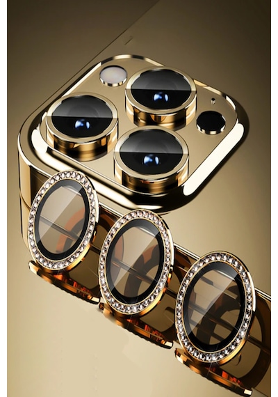 Apple Uyumlu iPhone 14 Pro Taşlı Tasarım Cam Kamera Lens Koruyucu - Gold