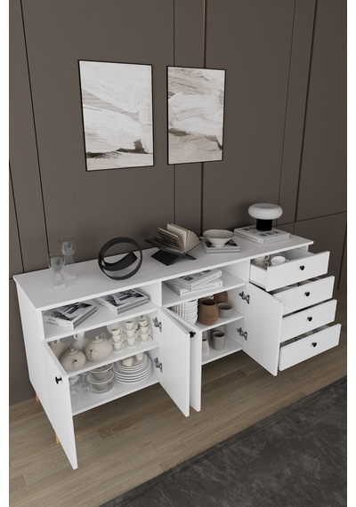 Lüks Yemek Odası Takımı 3 Parça %100 Mdf Konsol Yemek Masası Tv Ünitesi Yt02 Beyaz