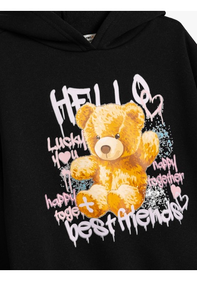 Koton Kapşonlu Sweatshirt Ayıcık Baskılı Şardonlu Slogan Temalı Siyah 5wkg10048ak Siyah