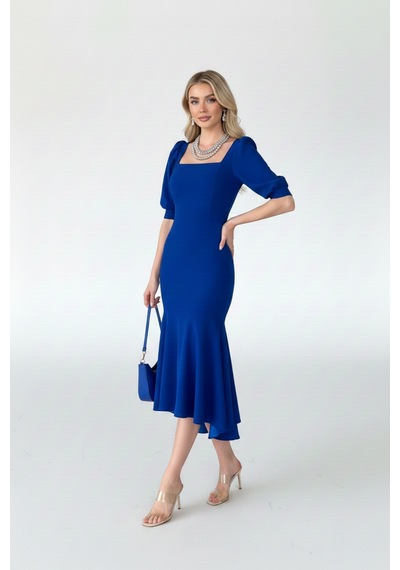 Defymoda Kadın Balık Model Cazibeli Elbise Mavi