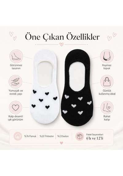 Çorap Giyim Kadın Kalp Desenli Görünmez Ekonomik Babet Çorabı 6 Lı Paket Siyah, Beyaz Ve Karışık Renk Kaymaz Topuklu Pamuklu Çorap