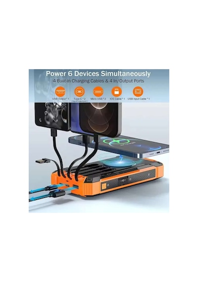 20000mah Powerbank Solar Güneş Enerjili Wireless Kablosuz Şarj Özellikli Taşınabilir Şarj Led Işıklı Turuncu