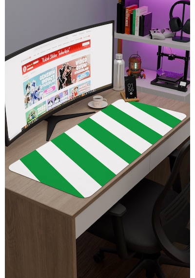Yeşil Beyaz 90x40 Xxl Taraftar Gaming Oyuncu Mouse Pad Kaymaz Taban Büyük Klavye Fare Altlığı Şerit