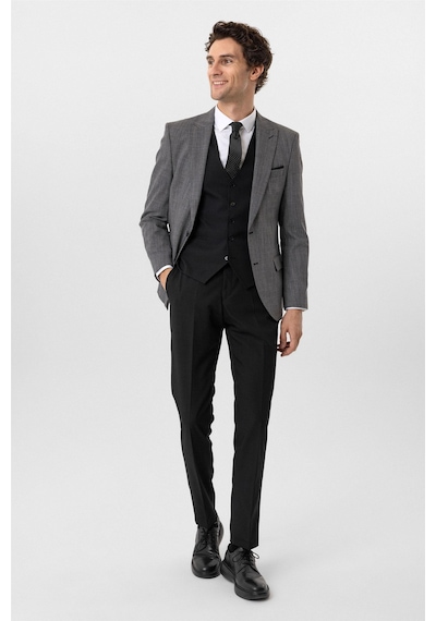 Süvari Siyah Slim Fit Desenli Sivri Yaka 6 Drop Yelekli Klasik Takım Elbise-35685 Siyah