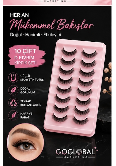 10 Çift D Kıvrım Takma Kirpik Seti Doğal Hacimli Bütün Kirpik 10-16 Mm Hafif Ve Tekrar Kullanıla