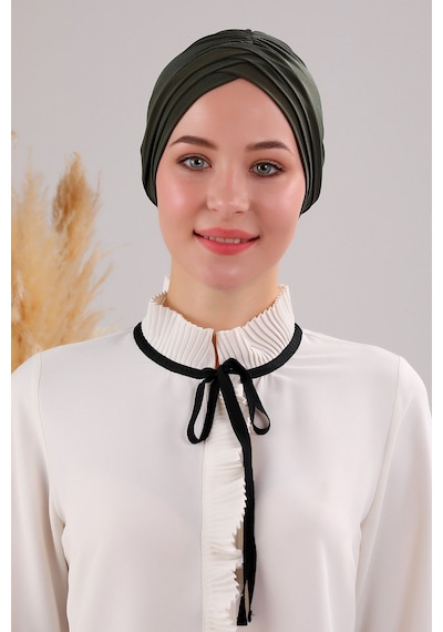 Melodi Scarf Kadın Üç Bantlı Çapraz Hazır Türban Dış Bone Haki Haki
