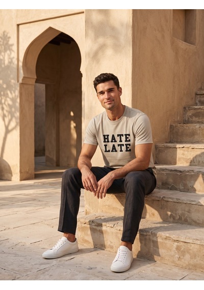 Maccali Erkek Bej Hate Late Baskılı Bisiklet Yaka Bol Kesim Tişört