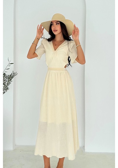 Asprin Fashion Beli Açık Garnili Krinkıl Keten Elbise Krem Krem
