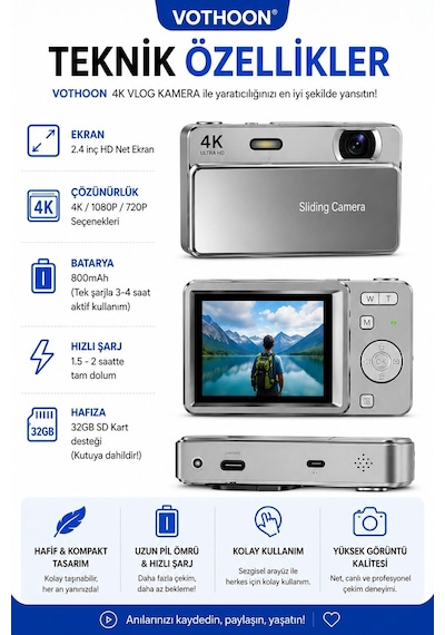 Dijital Kamera 4k Hd 48mp 16x Zoom Flaşlı Kayar Retro Video Kamera 2.8 Ekran 64gb Sd Kart li