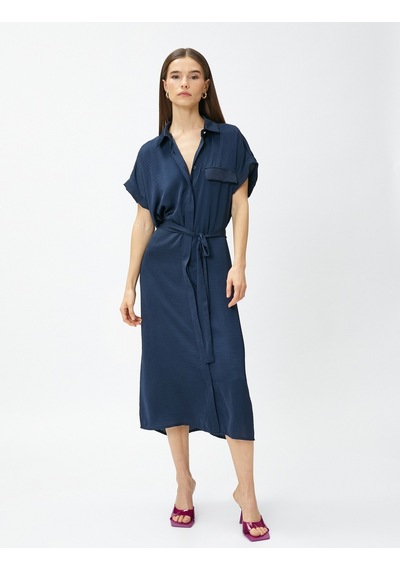 Koton Oversize Midi Gömlek Elbise Kemerli Lacivert 3sak80073pw 3SAK80073PW710