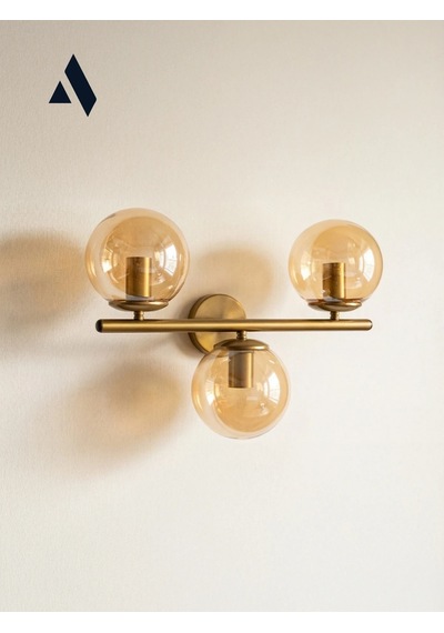 Trivon Üçlü Cam Aplik Beyaz & Bal Renk Seçenekli, Gold Metal Gövde Modern Duvar Aydınlatma Bal