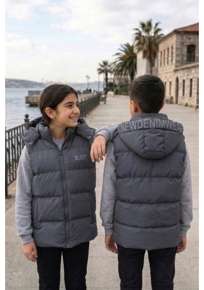 Pina Kids Unisex Çıtçıt Kapüşonlu Baskılı Şişme Yelek Füme