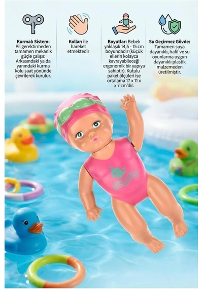 Kurmalı 14,5 Cm Yüzen Bebek Su Oyuncağı, Renkli, Unisex