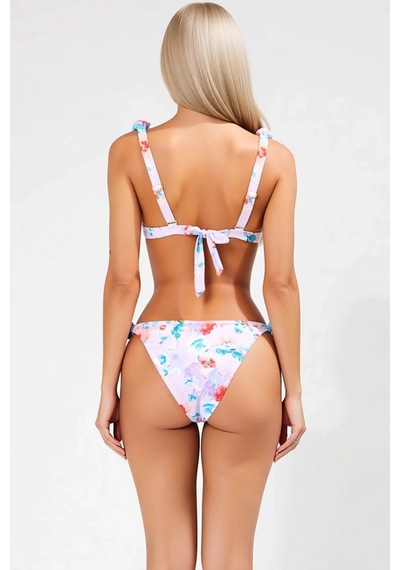 Benerly Kadın Bikini Takımı Çiçek Desenli Büzgülü Üçgen Kap Balensiz Bağl Çok Renkli