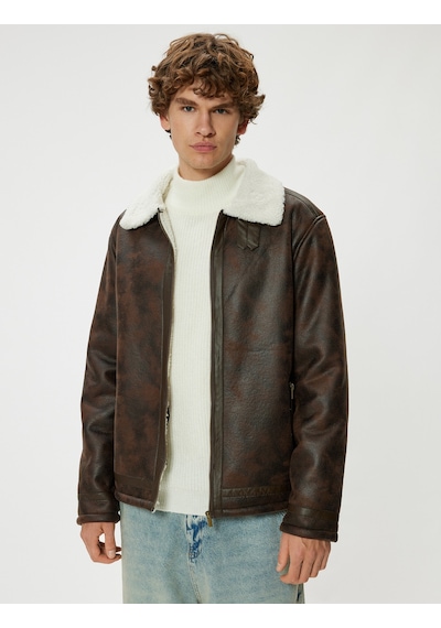 Koton Suni Deri Ceket İçi Peluşlu Slim Fit Gömlek Yaka Kahverengi 5wam20053hw Kahverengi