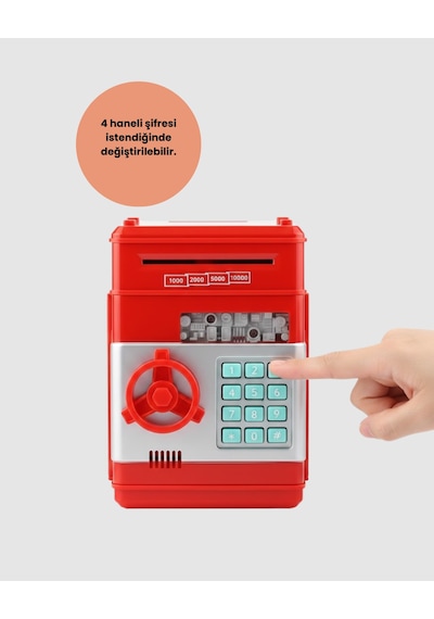 Şifreli Kırmızı Atm Tasarımlı Çelik Kasa Görünümlü Kumbara