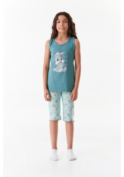 Fullamoda Tavşan Baskılı Kız Çocuk Pijama Takımı 24mıcg631212235-mavi 24MICG631212235-Mavi