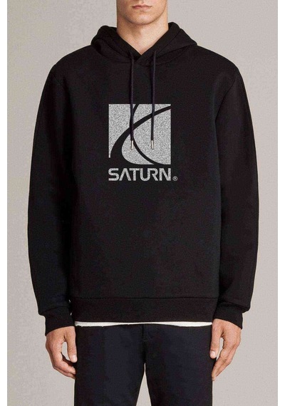 Saturn Baskılı Siyah Erkek Kapşonlu Sweatshirt