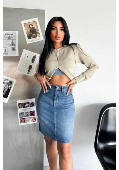 HLT Jeans Kadın Açık Mavi Yıkamalı Regular Fit Yüksek Bel Likralı Denim Kot Etek Alice-4003