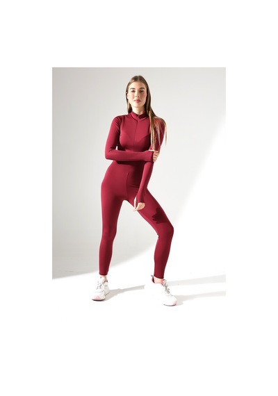 Winmoda34 Kadın Dalgıç Tulum Uzun Kollu Parmak Geçirme Detaylı Spor Tulumu Bordo