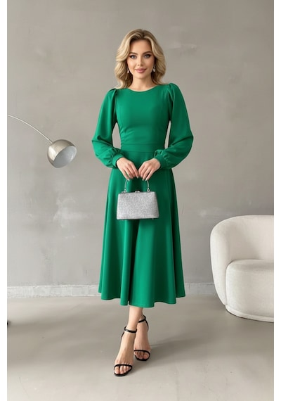 Defymoda Kadın Gün Boyu Rahat Midi Elbise Yeşil