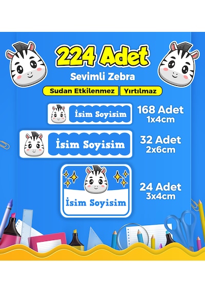 Sevimli Zebra Temalı Okul Kreş Kişiye Özel İsim Etiket Seti - Model 65 Çok Renkli