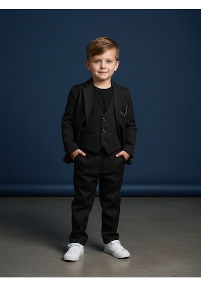 Zekids Erkek Çocuk Slim Fit 3 Lü Takım Elbise Ceket + Yelek + Pantolon -10333 Siyah