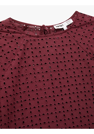 Koton Koton X Melis Ağazat - Pamuklu Astarlı Brodeli Fistolu Kısa Kollu Bisiklet Yaka Bluz Bordo 5sak60406uw Bordo